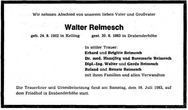 Reimesch Walter 1902-1983 Todesanzeige